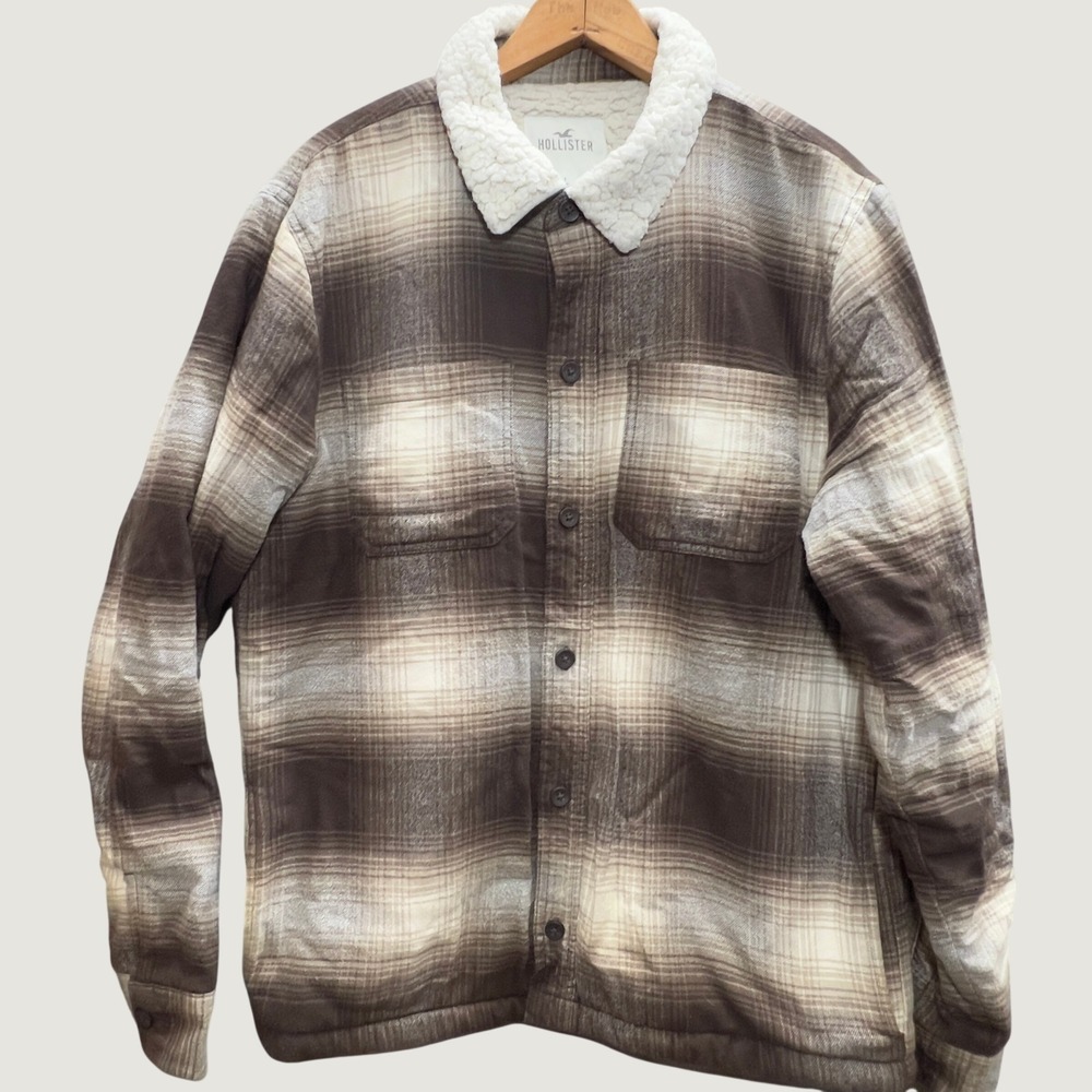 Hollister Mens Large Brown Plaid Sherpa Lined Flannel Shirt Jacket Shacket L